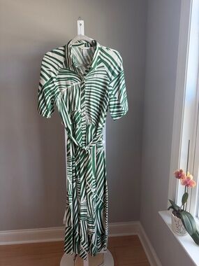H&M Green & White Striped Maxi Shirt Dress